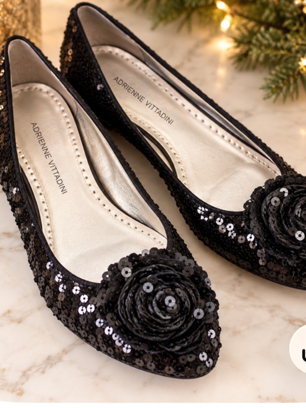Adrienne Vittadini Black Sequin Pointed Toe Flats 8.5 inches
